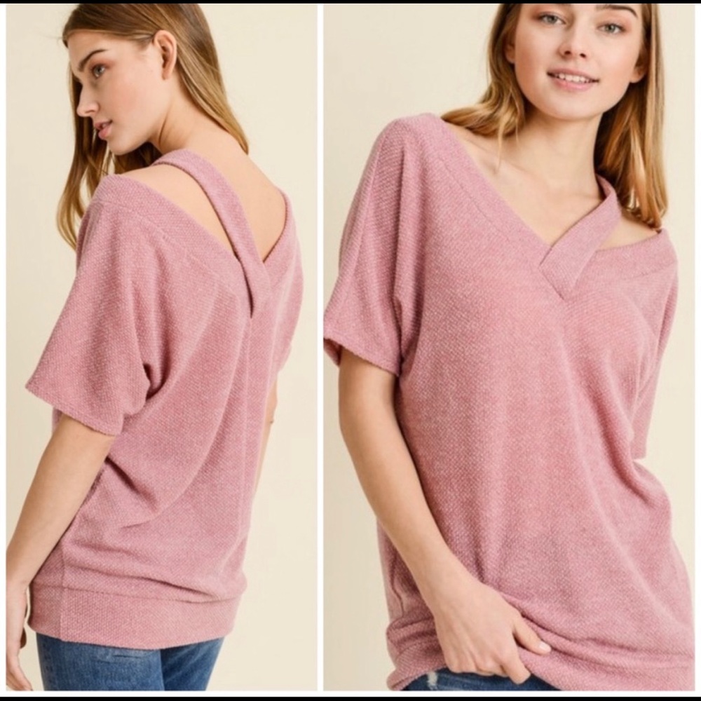 “Labeled” Split V Neck Top w/ Cold Shoulder